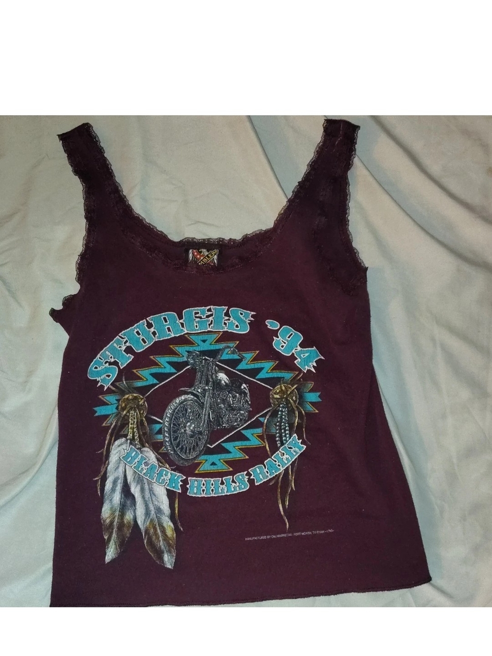 3D Emblem Burgundy Lace Trim Vintage Sturgis '94 Black Hills Rally Tank Top